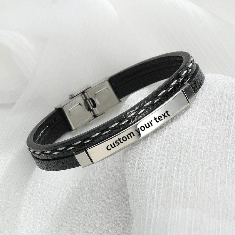 Personalized Stainless Steel Mirror Bracelet with Vintage Woven Leather