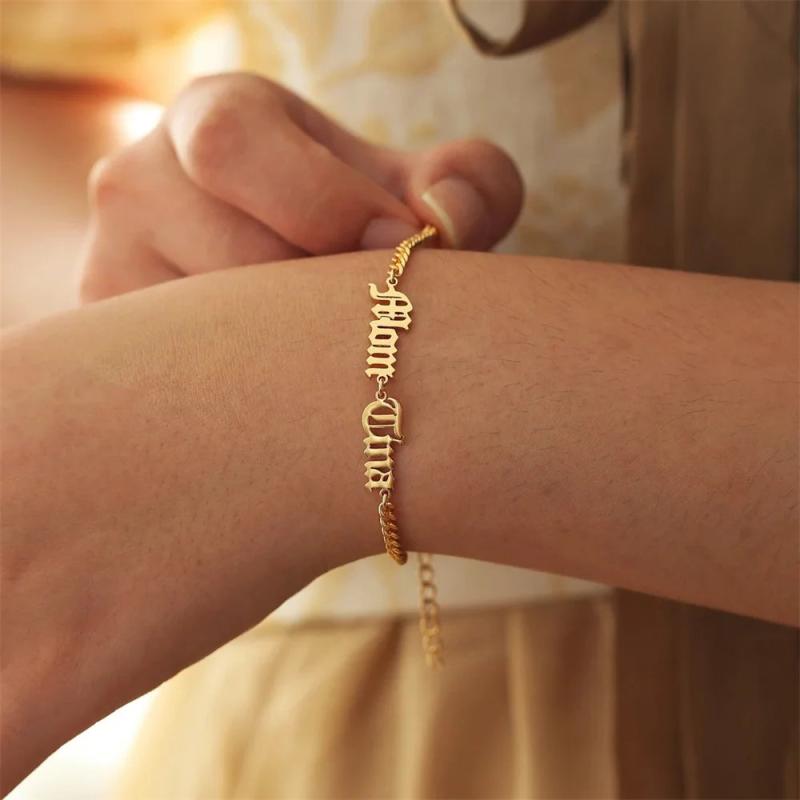 Personalized Couples Bracelet Old English Letters Cuban Chain