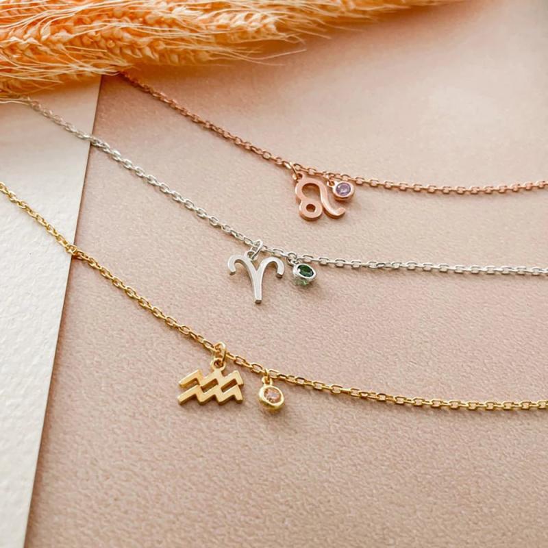 12 Constellation Necklace Birthstone Pendant Stainless Steel Chain