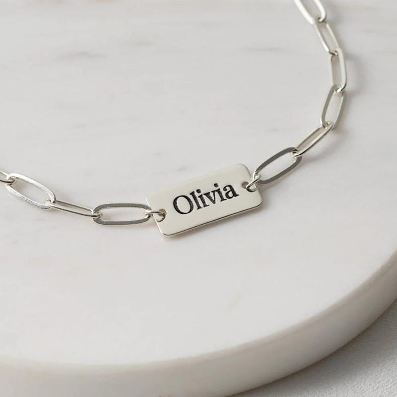 Personalized Square Name Bracelet Stainless Steel Silver Chain
