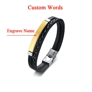 Custom Engraved Stainless Steel Leather Bracelet for Men