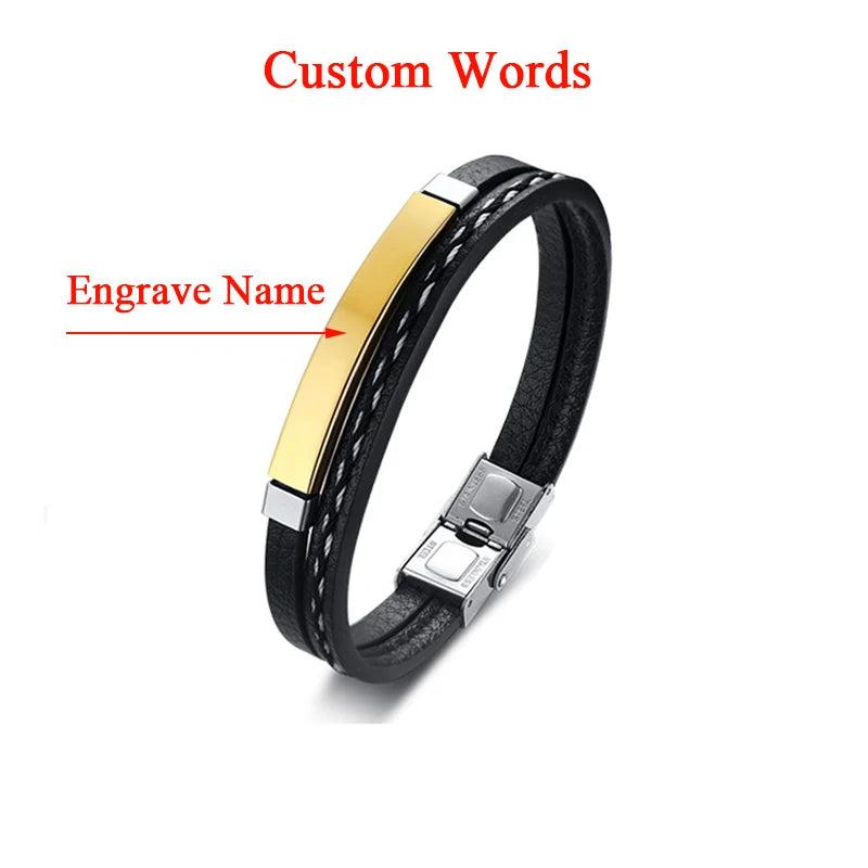 Custom Engraved Stainless Steel Leather Bracelet for Men