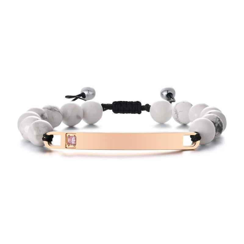 Engraved ID Bracelet for Couples, Beaded Chain Link, Cubic Zirconia Charm