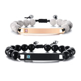Engraved ID Bracelet for Couples, Beaded Chain Link, Cubic Zirconia Charm