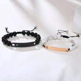 Engraved ID Bracelet for Couples, Beaded Chain Link, Cubic Zirconia Charm