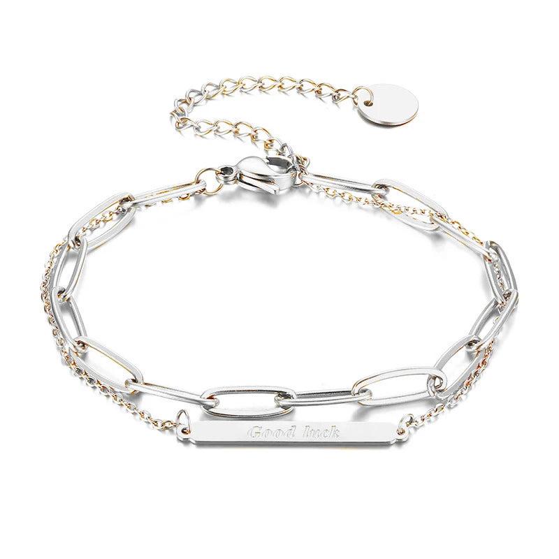 Layer Bracelet Personality Nameplate Rectangle Pendant Stainless Steel Bracelet