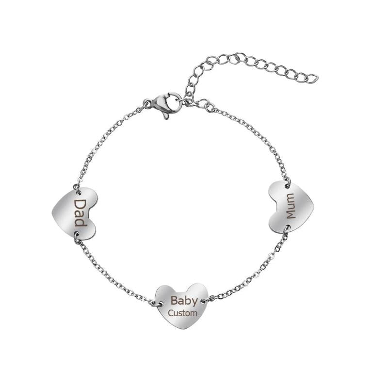 Personalized 3 Hearts Bracelet with Engraved Name Stainless Steel