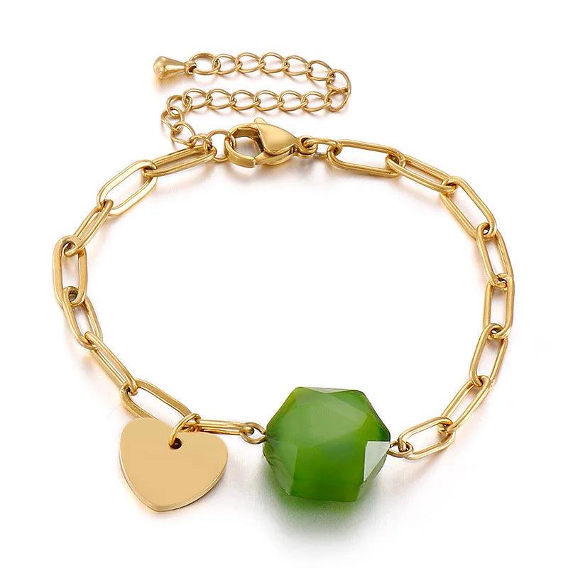 Engraved Heart Bracelet Stainless Steel Chain Glass Stones