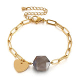 Engraved Heart Bracelet Stainless Steel Chain Glass Stones