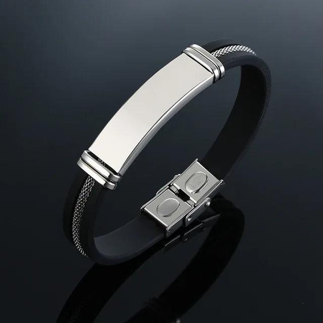 Stainless Steel Bracelet Men Wrist Band Rudder Silicone Mesh Insert Punk