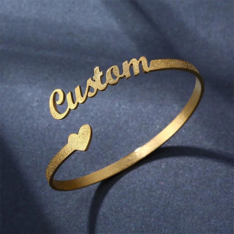 Personalized Stainless Steel Name Bracelet with Heart - Women's Bangle
