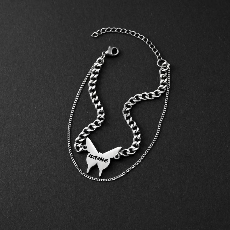 Butterfly Name Bracelet Engrave Stainless Steel Silver Bracelet For Women
