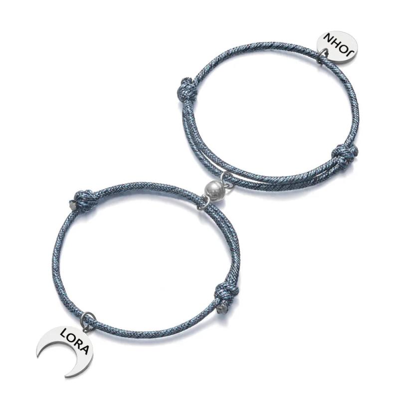 Personalized Couple Bracelets Engraved Name Date Sun Moon Magnetic Clasps