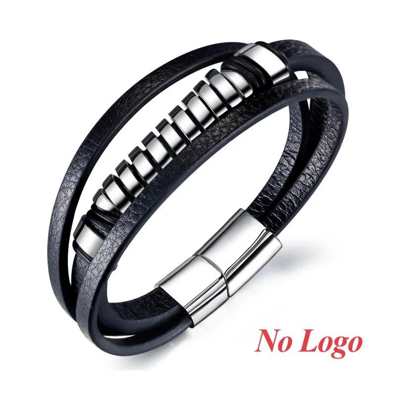 Stainless Steel Round Bracelet Fashionable Men Leather Bracelet Gift