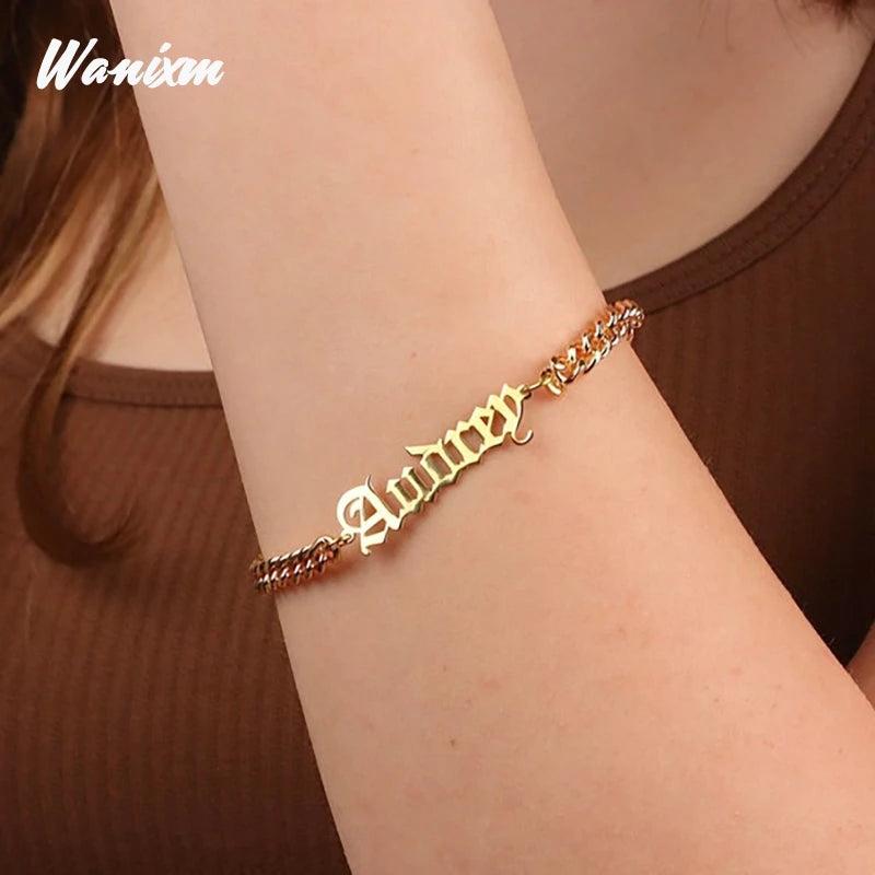 Stainless Steel Cuban Chain Name Bracelet Adjustable Letter Jewelry
