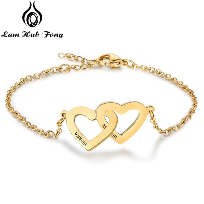 Personalized Name Bracelet for Women Double Heart Bracelets & Bangles