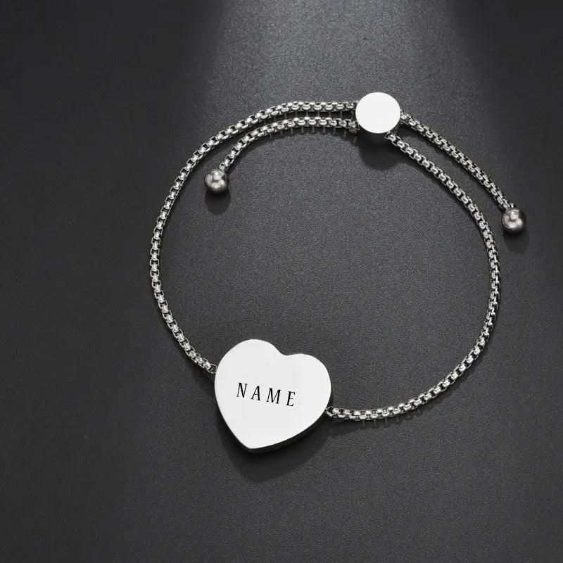 Stainless Steel Name Bracelet with Heart Square Pearl Chain for Women Girl Gift