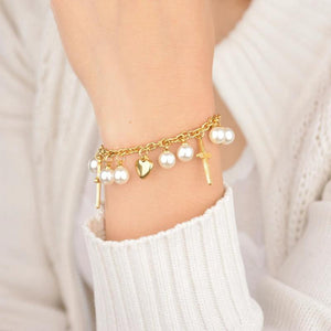Personalized Engrave Cross Heart Letter Pearl Bracelet