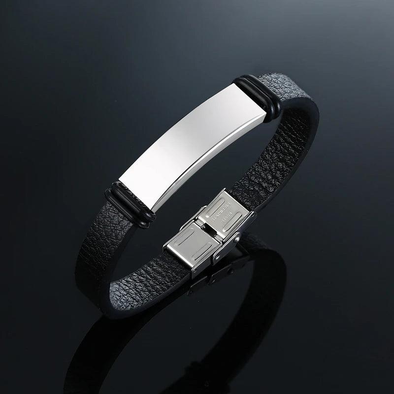 Engraved Mens Leather Bracelet with Stainless Steel ID Tag