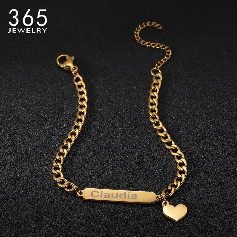 Personalized Stainless Steel Bracelet with Heart Pendant Name Engraving