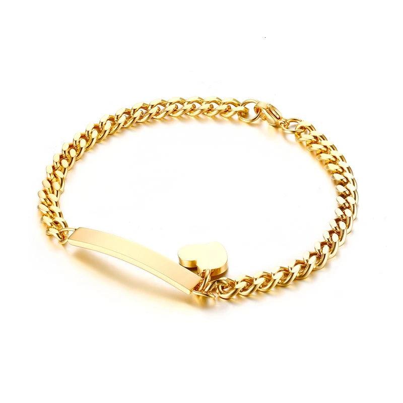 Custom Heart ID Name Bracelet Stainless Steel Chain Link Silver Bangle