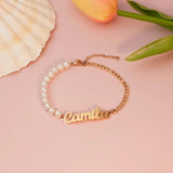 Personalized Stainless Steel Nameplate Bracelet with Pearl - 18K Letter Bangle