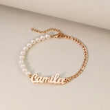 Personalized Stainless Steel Nameplate Bracelet with Pearl - 18K Letter Bangle