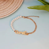 Personalized Stainless Steel Nameplate Bracelet with Pearl - 18K Letter Bangle
