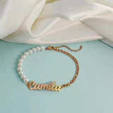 Personalized Stainless Steel Nameplate Bracelet with Pearl - 18K Letter Bangle