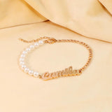 Personalized Stainless Steel Nameplate Bracelet with Pearl - 18K Letter Bangle