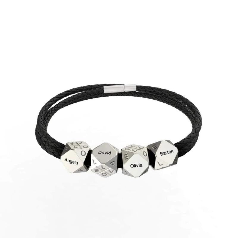 Men's Braided Leather Bracelet With Beads Engraved with 1-8 Names