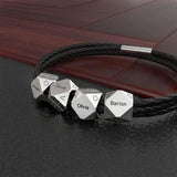 Men's Braided Leather Bracelet With Beads Engraved with 1-8 Names