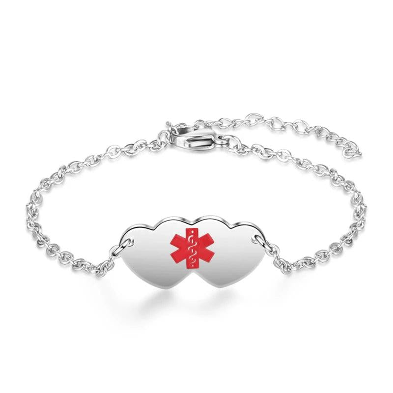 Custom Medical Alert ID Bracelet for Women - Stainless Steel Double Hearts