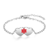Custom Medical Alert ID Bracelet for Women - Stainless Steel Double Hearts
