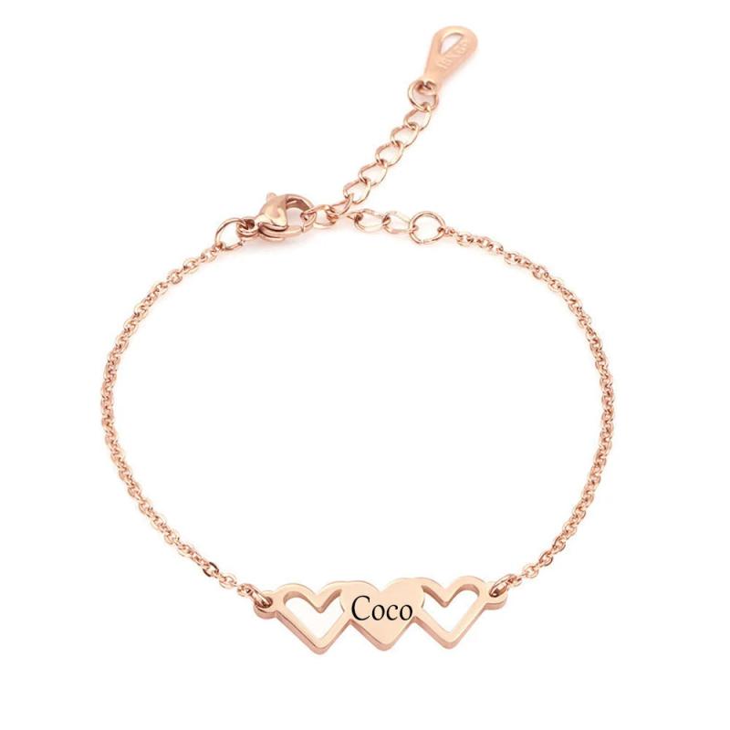 316L Sister Bracelet 3 Hearts Engraved Personalized Nameplate Gift