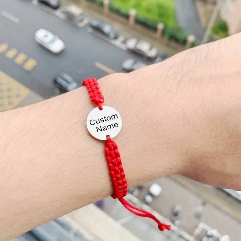 Personalized Name Date Bracelets Stainless Steel Red Thread Woven Bracelet