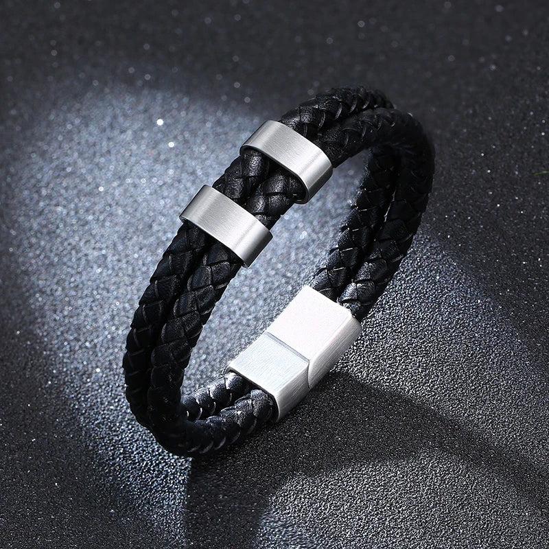 Custom Men's Leather Bracelet with Family Names Beads