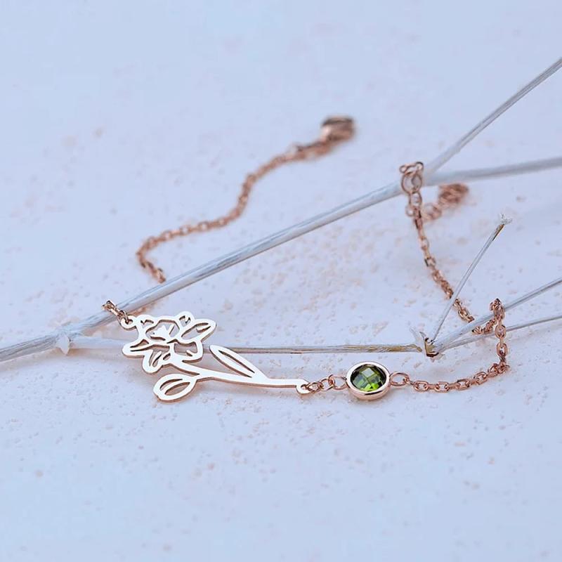Flower Birthstone Pendant Bracelet Stainless Steel Chain Women Jewelry