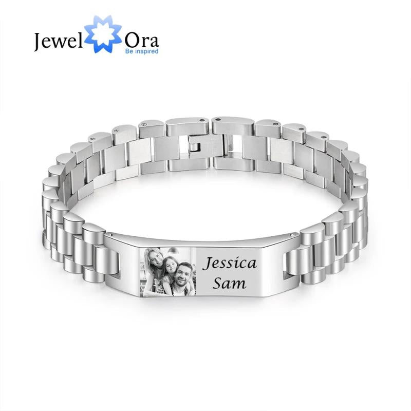 Personalized 2 Names Bracelet with Photo Stainless Steel Chain