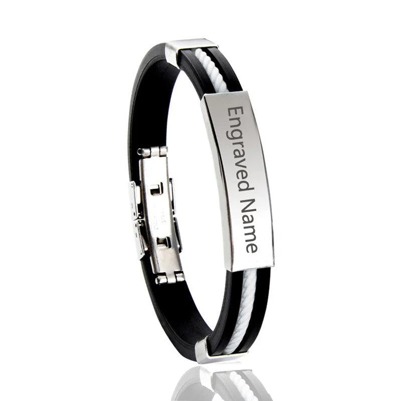 Engrave Name Silicone Bracelet for Men Stainless Steel Leather Bracelet