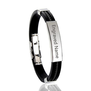 Engrave Name Silicone Bracelet for Men Stainless Steel Leather Bracelet