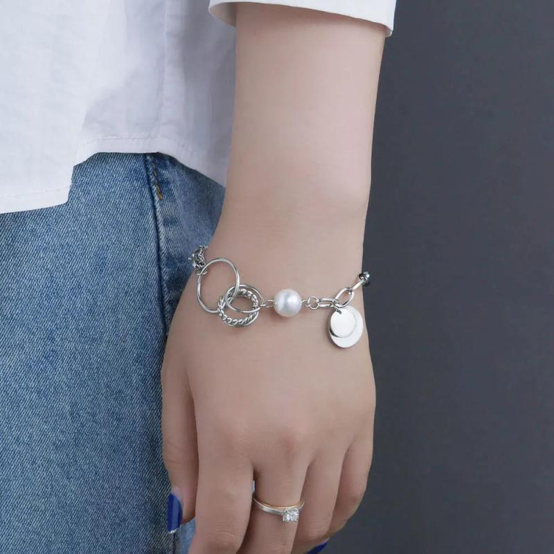 Stainless Steel Vintage Engrave Name Bracelet with Pearl 14K Splicing Chain
