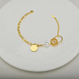 Stainless Steel Vintage Engrave Name Bracelet with Pearl 14K Splicing Chain
