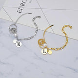 Stainless Steel Vintage Engrave Name Bracelet with Pearl 14K Splicing Chain