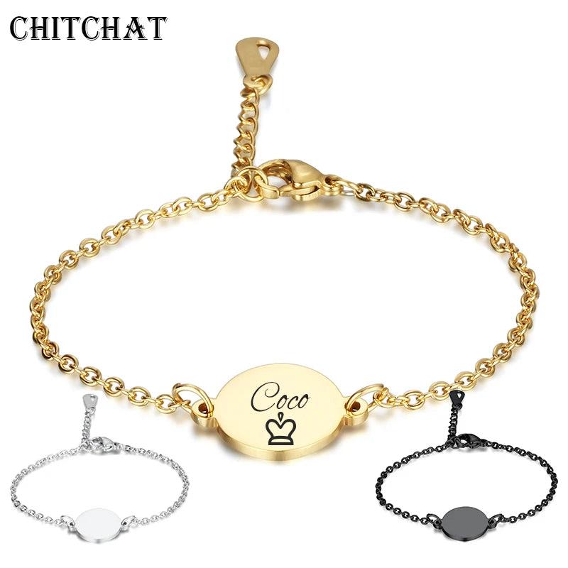 Personalized Name Bracelet Round Pendant Stainless Steel Chain ID Tag