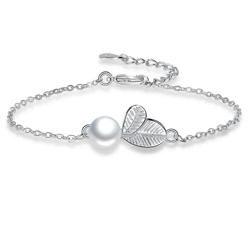 925 Silver Leaf Pearl Charms Bracelet Women