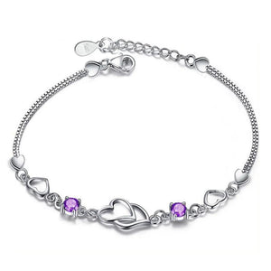S925 Silver Purple Zircon Double Heart Bracelet
