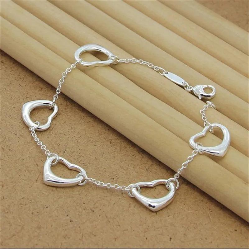 925 Silver Heart-Shaped Chain Bracelet for Women