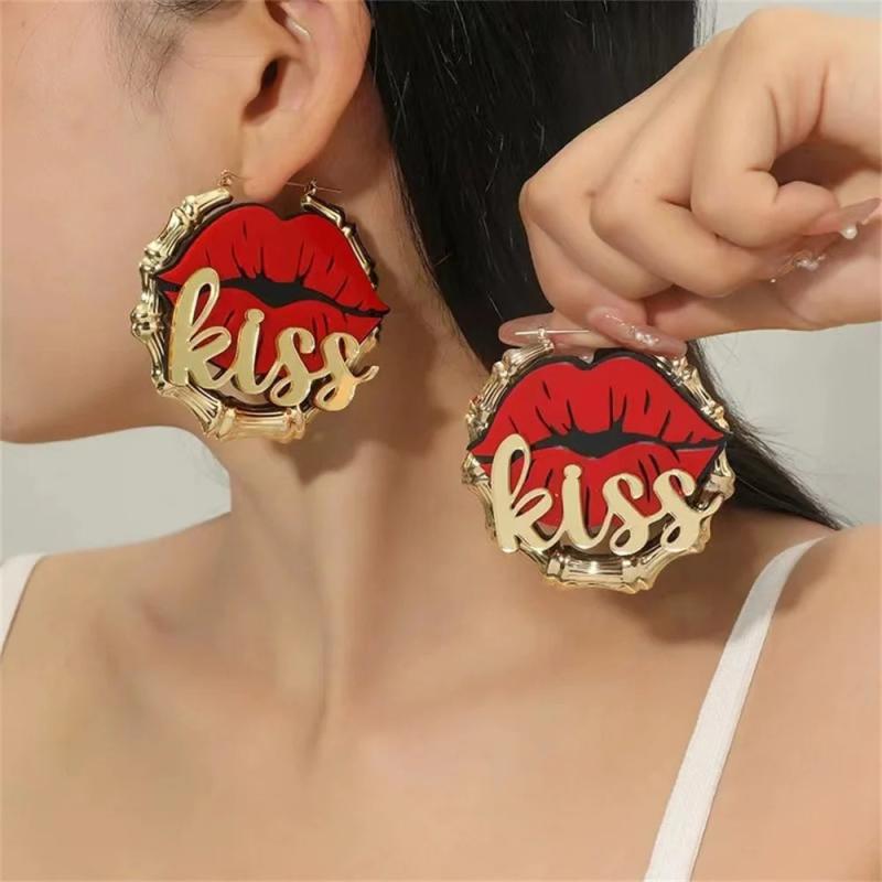 Bamboo Earrings Hot Lip Kiss Large Hoop European American Punk Earring