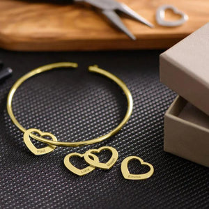 Engraved Heart Charms Bracelet, Personalized Stainless Steel Bangle